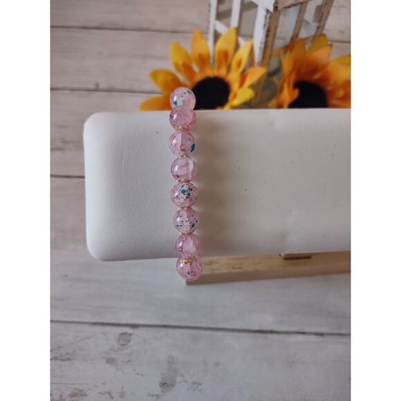 New Pink Glass w/Multicolor Specks Stretch Bracelet Crackled Beads - Picture 3 of 5